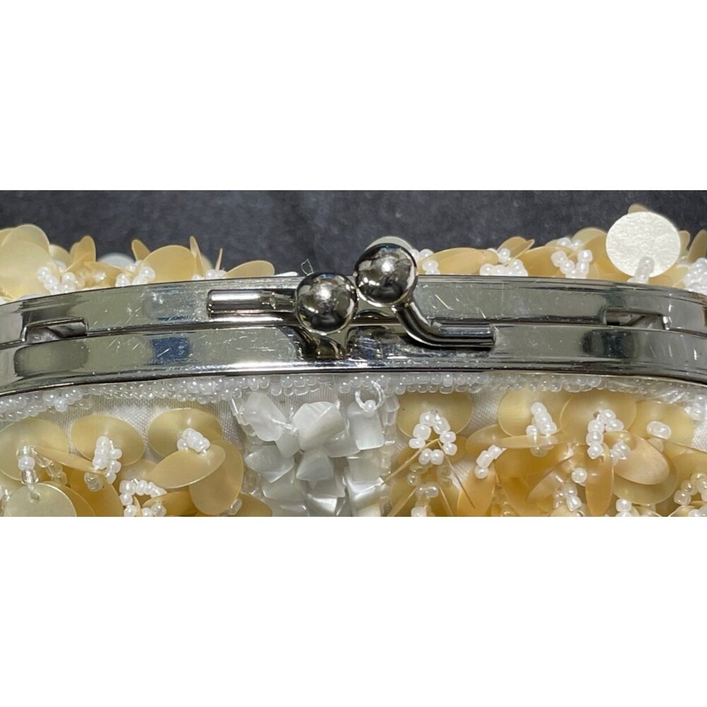 Moni Couture Gold / White Beaded Sequin Clutch Handbag w/ Silver Chain Mini Y2K - Picture 7 of 7